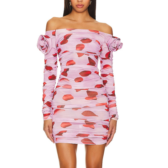 Mirae Pink Rose Petal Off Shoulder Bodycon Dress Size 2 Mesh Ruched $475 NEW - Picture 1 of 11